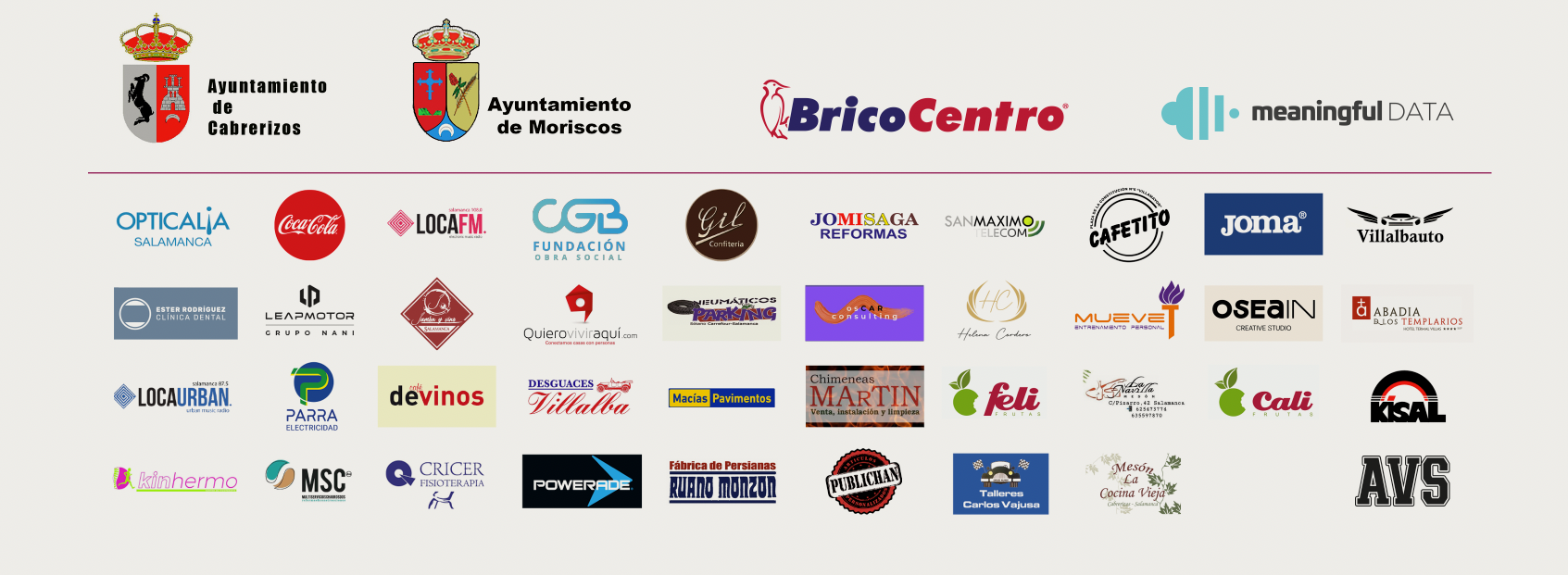 Patrocinadores y colaboradores de la 34ª Liga de Cross AVS: Ayuntamiento de Cabrerizos, Ayuntamiento de Moriscos, BricoCentro, meaningful DATA y más de treinta empresas colaboradoras